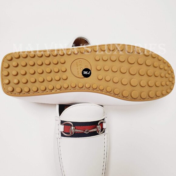 GUCCI SHOES MENS DRIVER MOCCASINS HORSEBIT WEB WHITE LEATHER sz 8.5G 9 - Picture 15 of 16